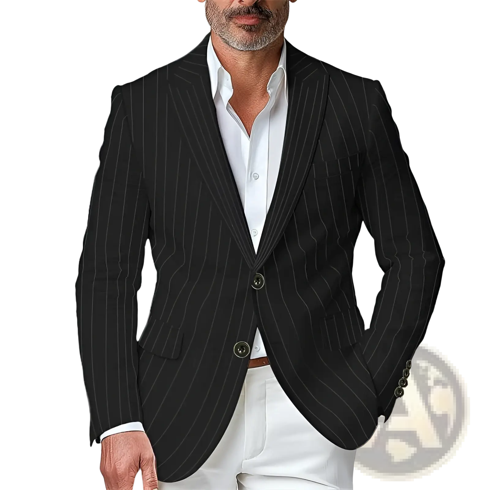 Mens pinstripe slim fit black blazer jacket with subtle vertical stripes and tailored fit for formal occasions