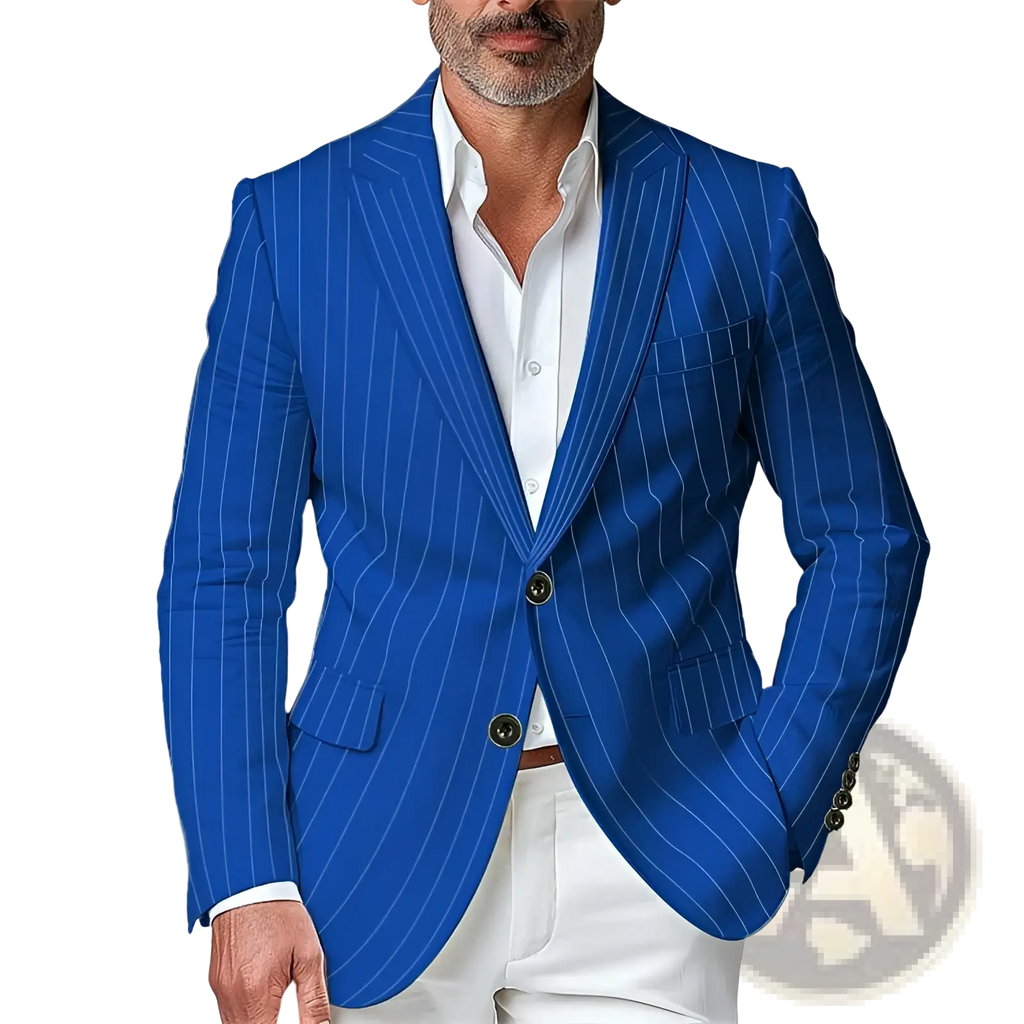 Mens pinstripe slim fit blazer jacket in vibrant royal blue with white stripes and dark brown buttons
