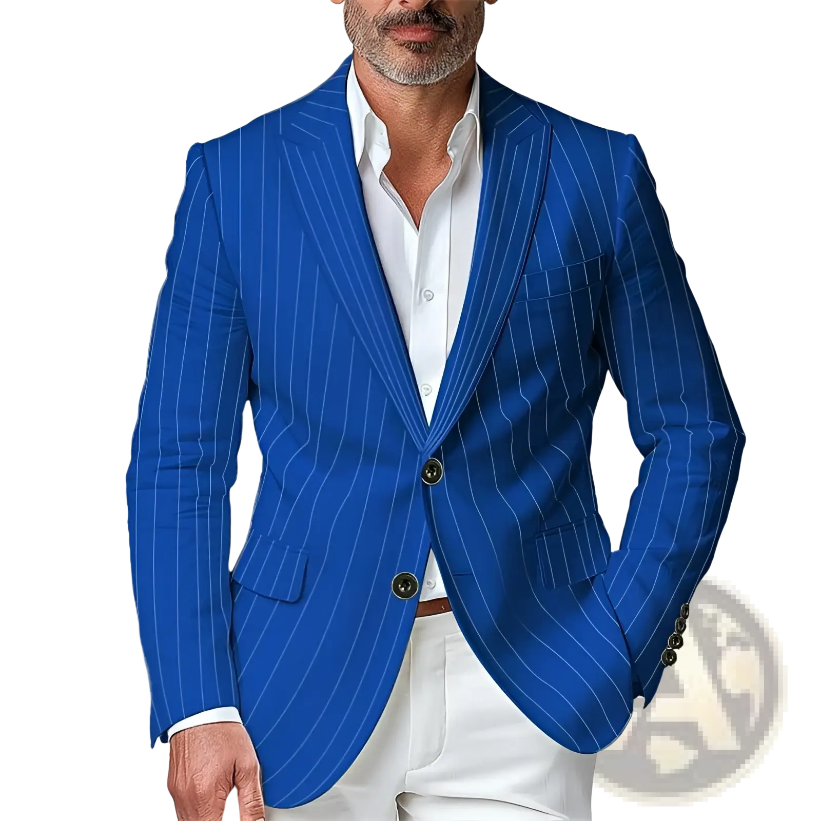 Mens pinstripe slim fit blazer jacket in vibrant royal blue with white stripes and dark brown buttons