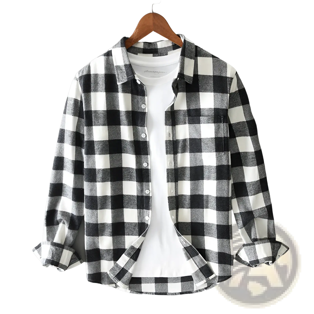 Men’s black and white checkered plaid flannel button-up cardigan shirt with classic button-up design