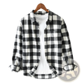Men’s black and white checkered plaid flannel button-up cardigan shirt with classic button-up design