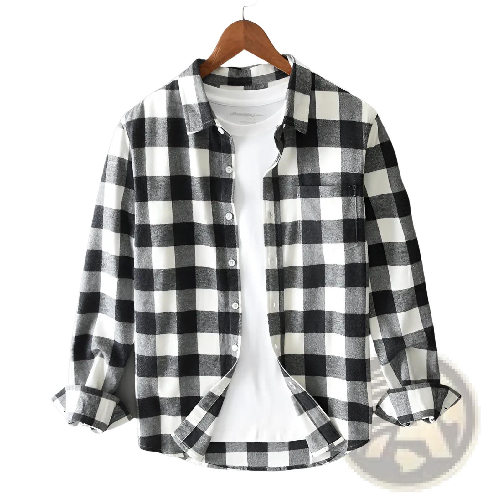 Men’s black and white checkered plaid flannel button-up cardigan shirt with classic button-up design