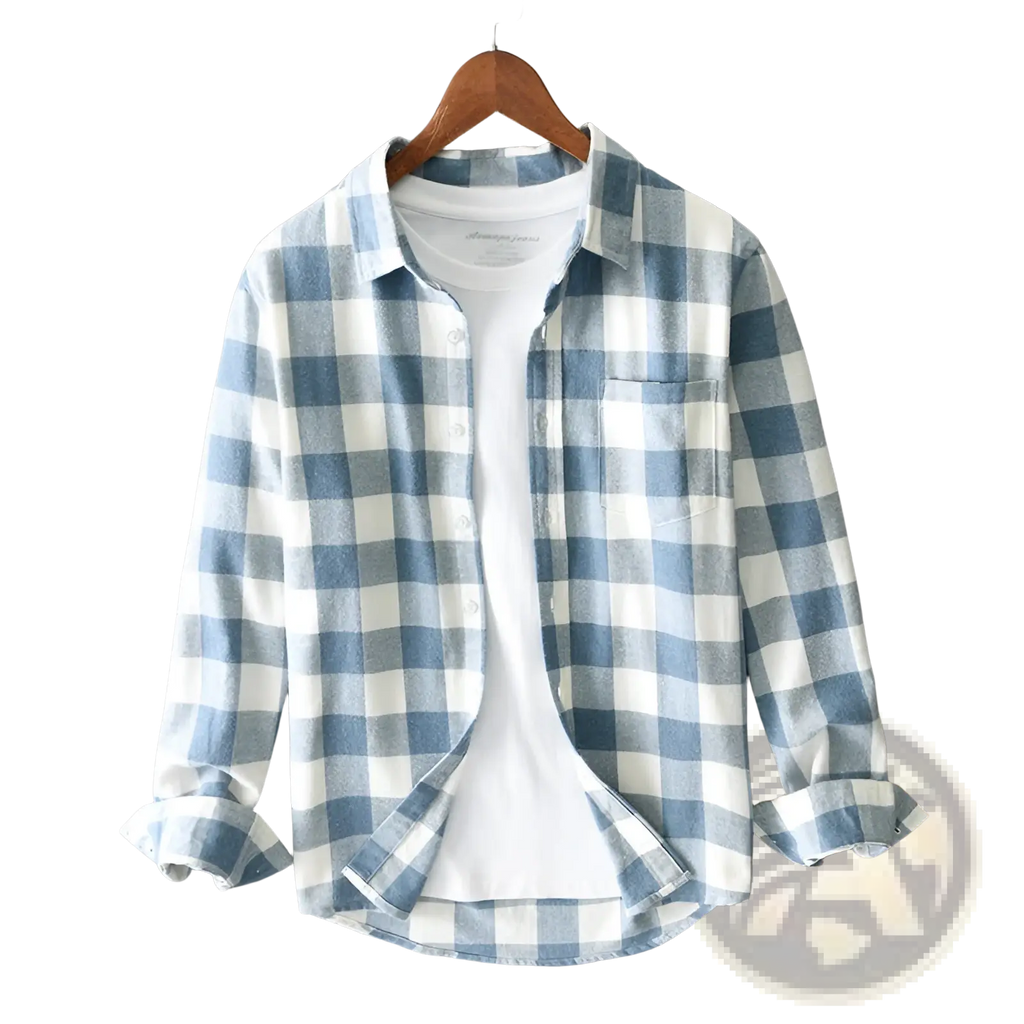 Men’s plaid flannel button-up cardigan shirt in blue and white checkered pattern with long sleeves and rolled cuffs