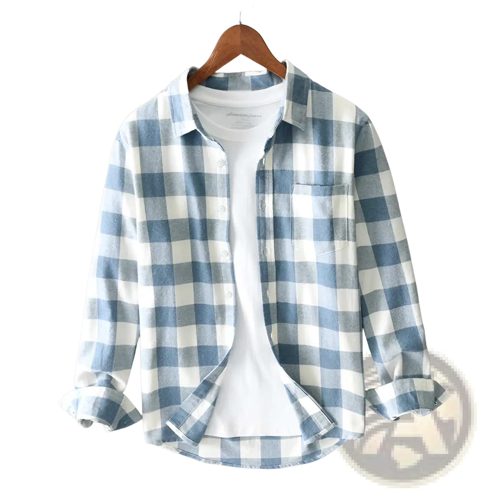 Men’s plaid flannel button-up cardigan shirt in blue and white checkered pattern with long sleeves and rolled cuffs