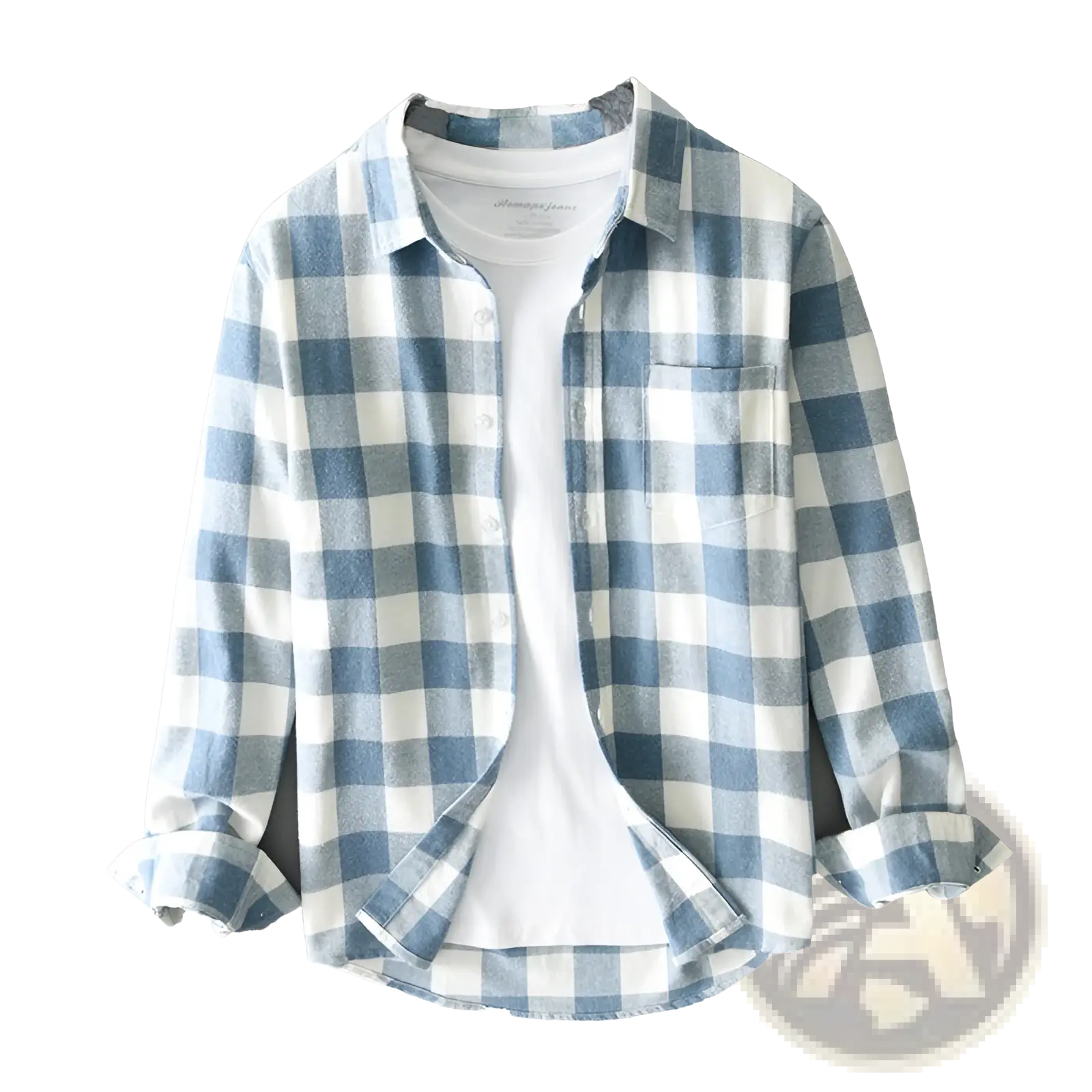 Men’s plaid flannel button-up cardigan shirt in blue and white checkered pattern with long sleeves and rolled cuffs
