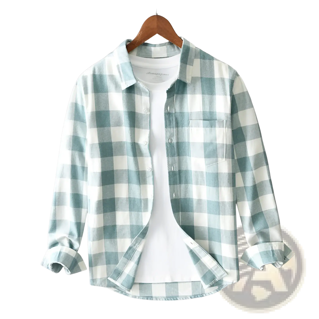 A light blue and white checkered men’s plaid flannel button-up cardigan shirt with rolled cuffs hanging on a wooden hanger
