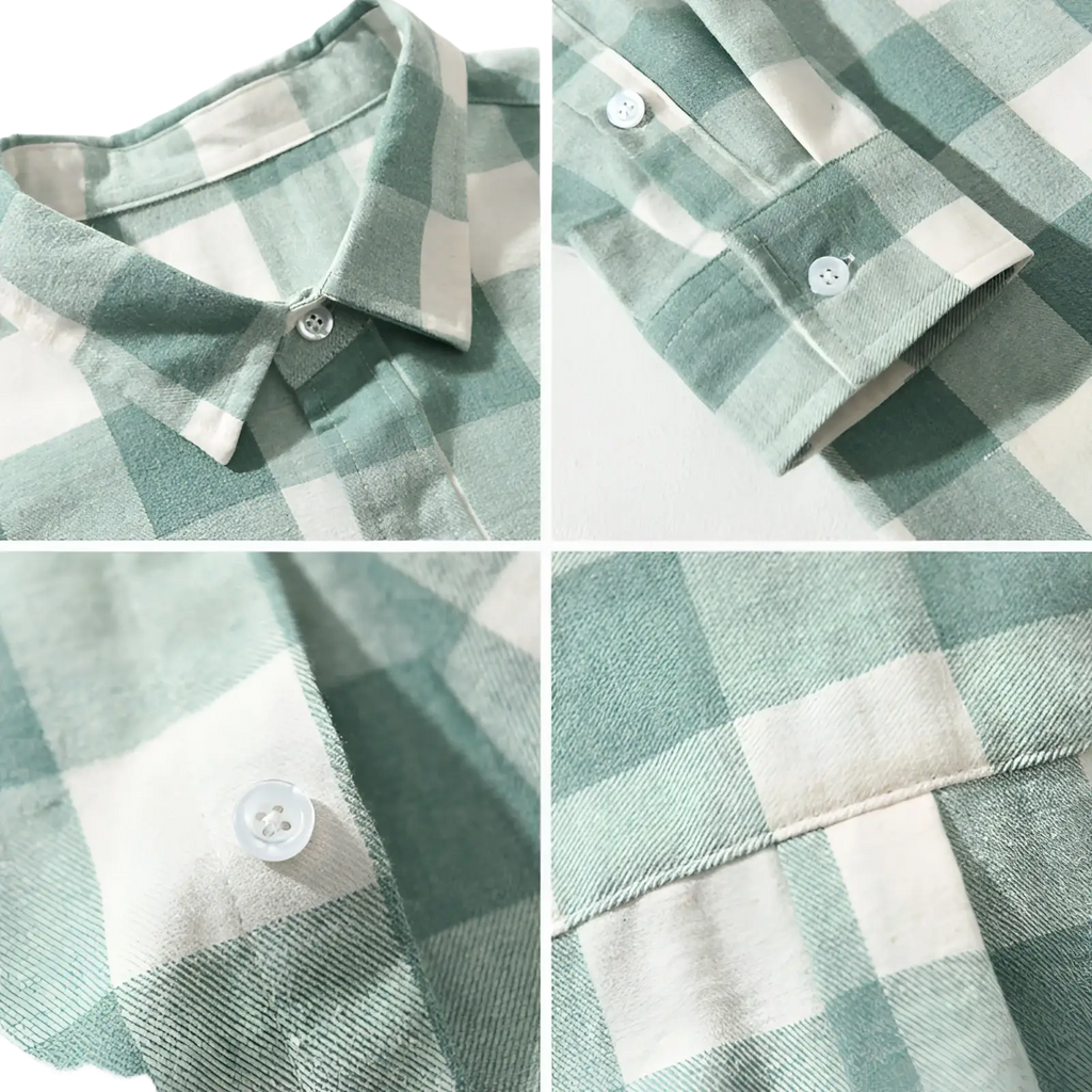 Men’s plaid flannel button-up cardigan shirt in soft green and white with classic collar and stitched cuffs