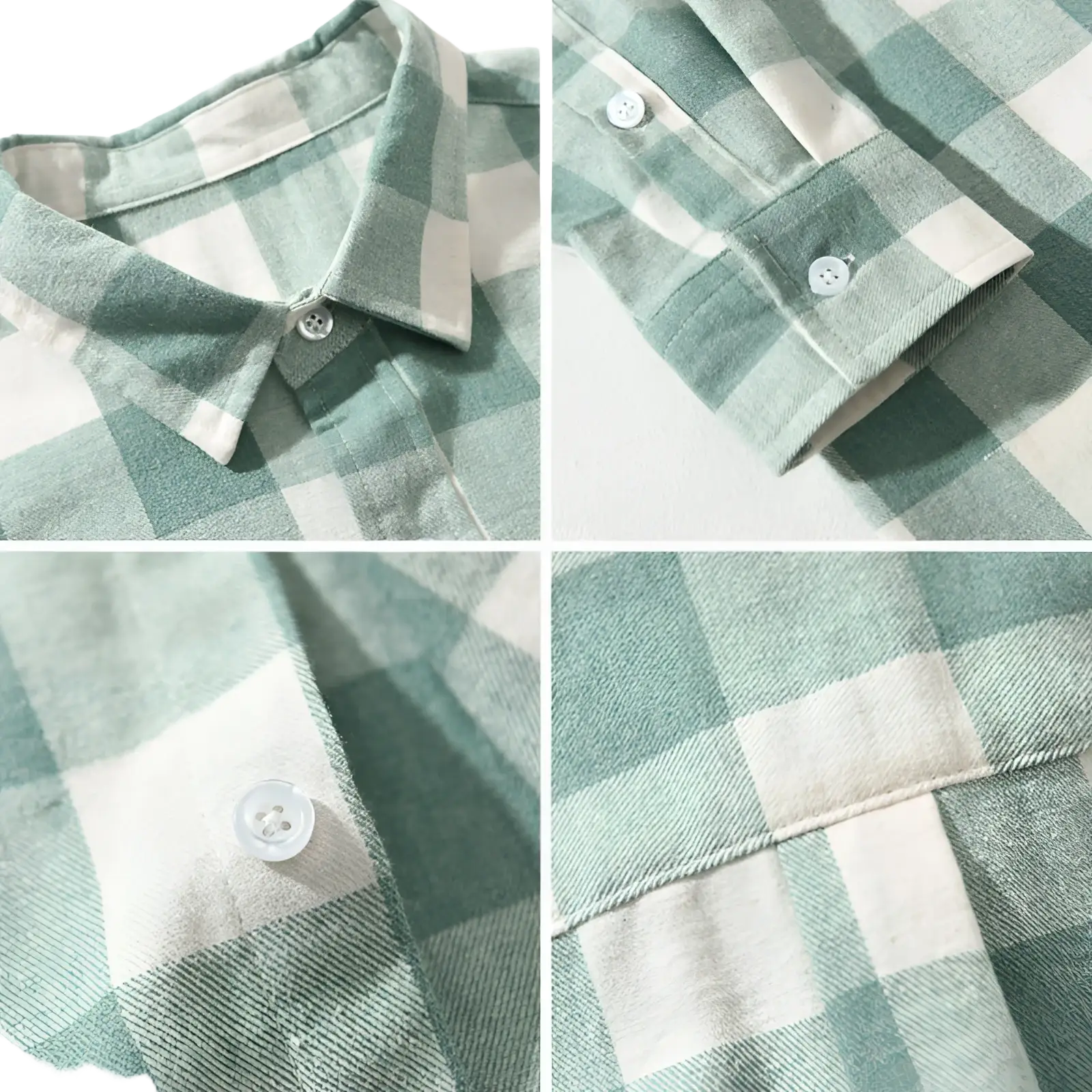 Men’s plaid flannel button-up cardigan shirt in soft green and white with classic collar and stitched cuffs
