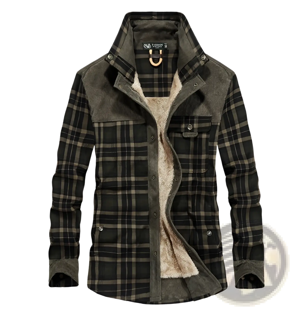 Men’s dark green and black plaid fleece lined corduroy winter jacket with warm interior for cold weather