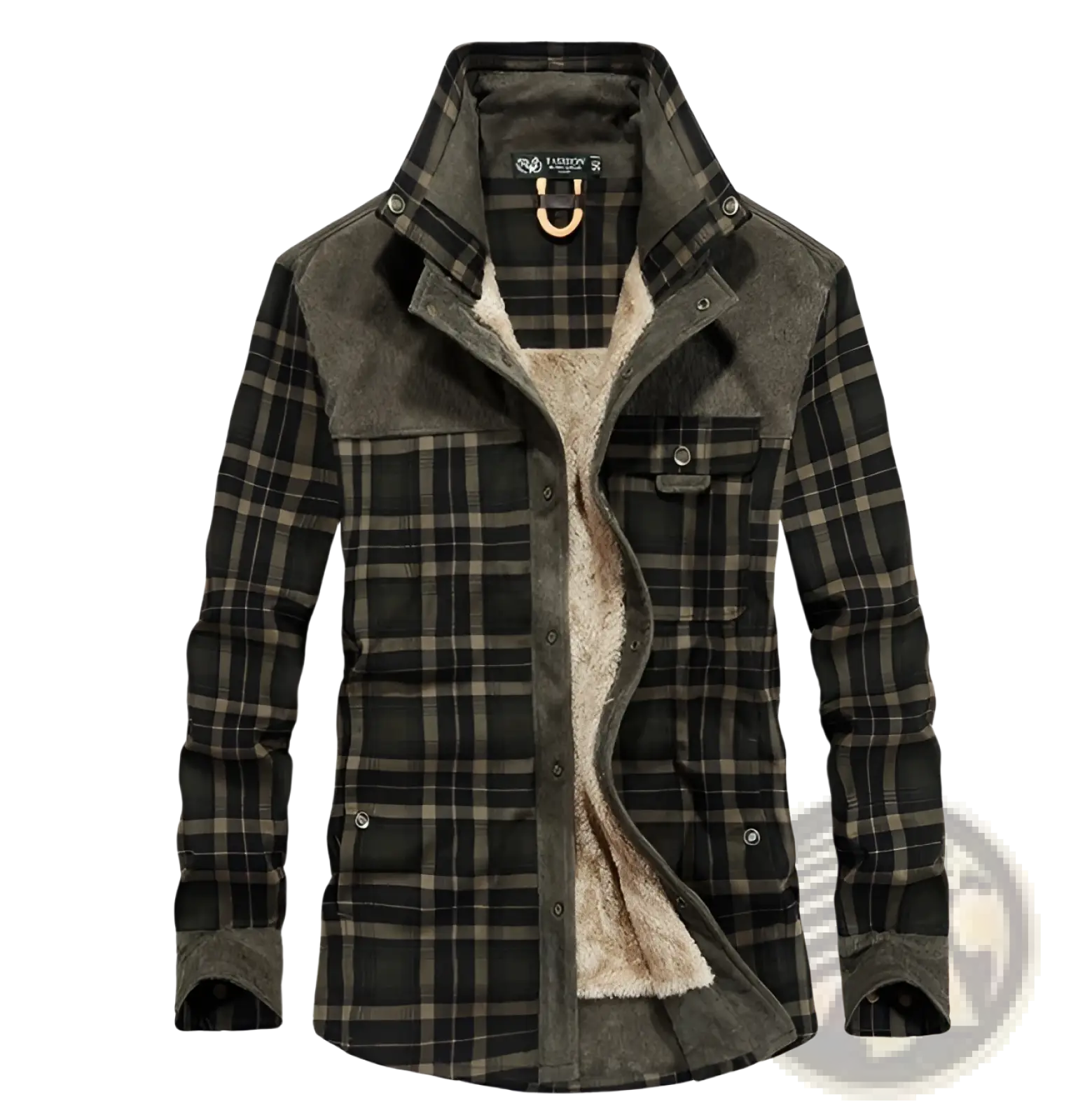 Men’s dark green and black plaid fleece lined corduroy winter jacket with warm interior for cold weather