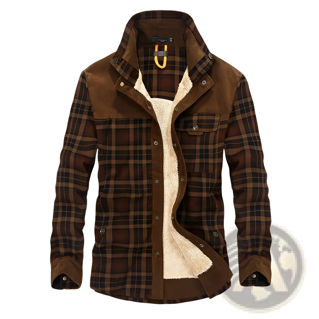 Men’s brown plaid flannel winter jacket with suede collar cuffs and cozy cream fleece lining for cold weather