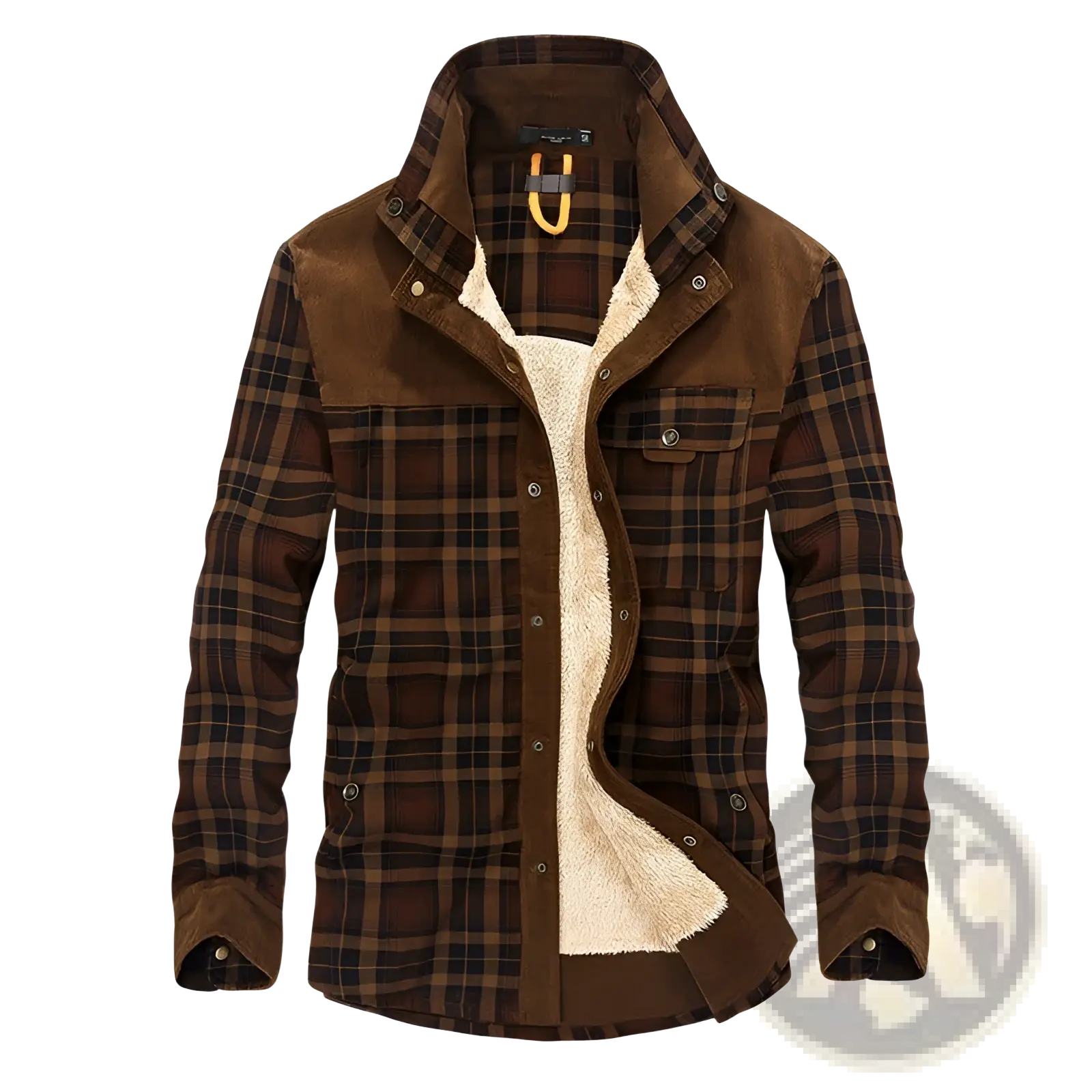 Men’s brown plaid flannel winter jacket with suede collar cuffs and cozy cream fleece lining for cold weather