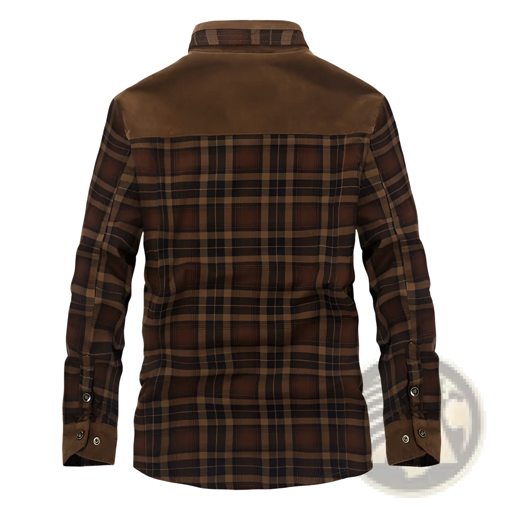 Men’s plaid fleece lined corduroy winter jacket in brown with plaid flannel shirt pattern and suede collar and cuffs