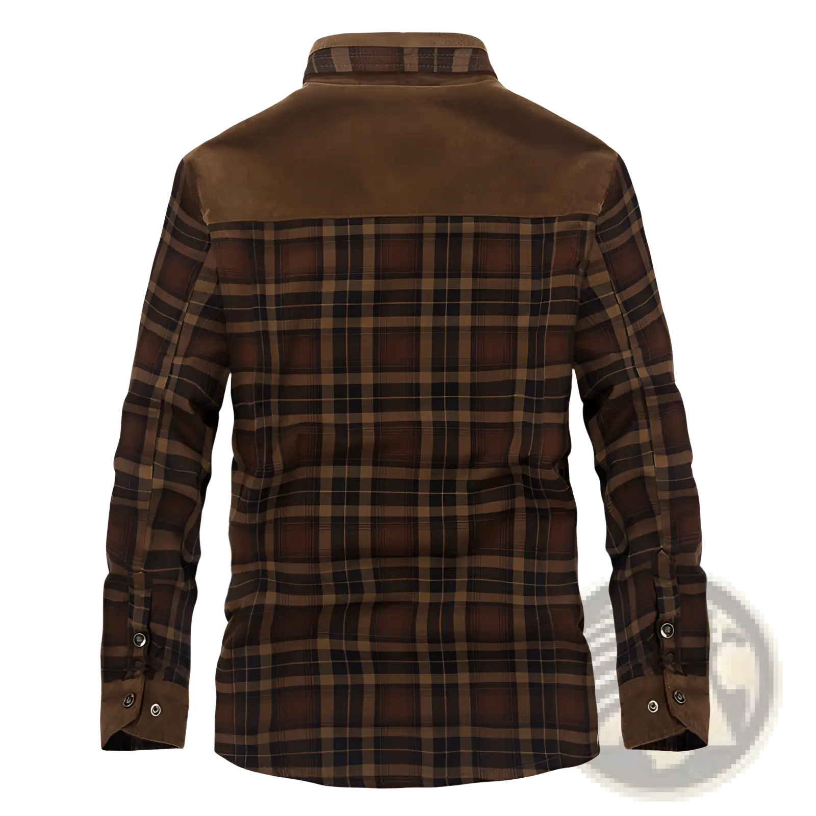 Men’s plaid fleece lined corduroy winter jacket in brown with plaid flannel shirt pattern and suede collar and cuffs