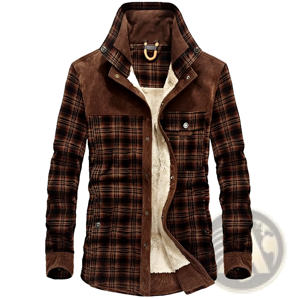 Men’s plaid fleece lined corduroy winter jacket in brown with suede accents and plush beige fleece lining