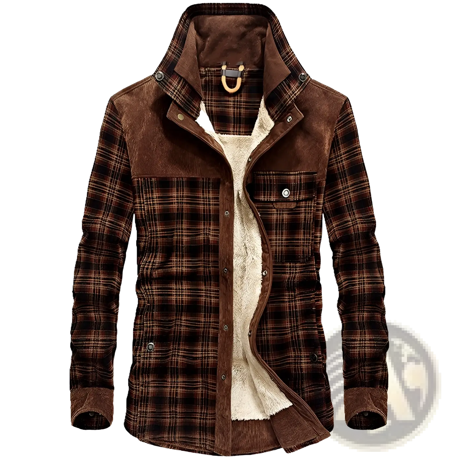 Men’s plaid fleece lined corduroy winter jacket in brown with suede accents and plush beige fleece lining