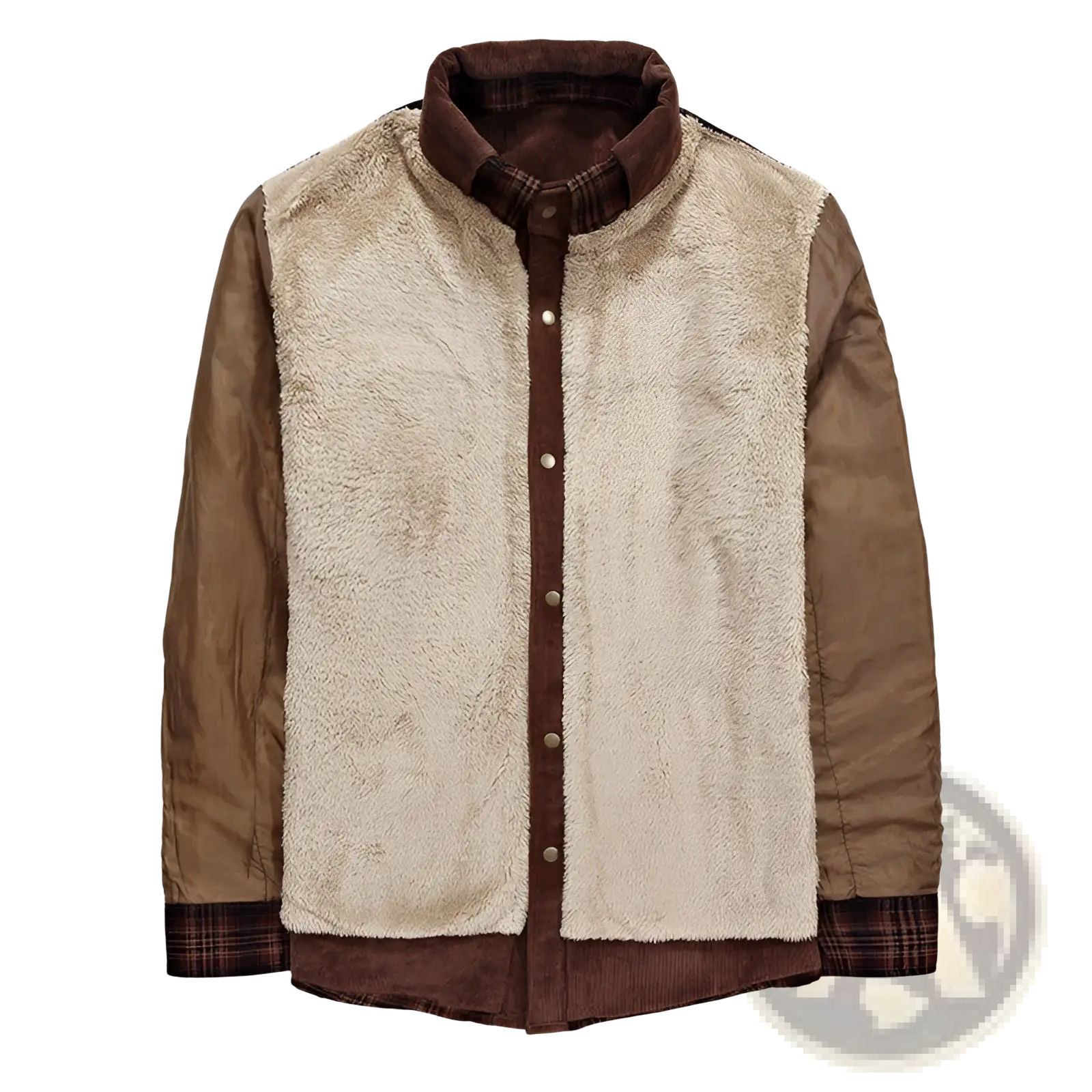 Men’s plaid fleece lined corduroy winter jacket in cozy brown and beige with fleece lining and corduroy accents