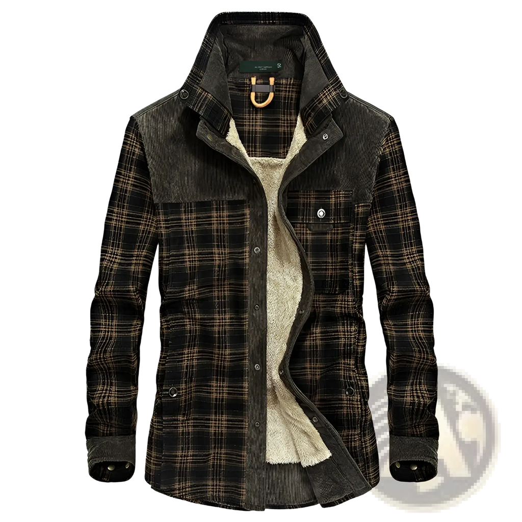 Men’s plaid fleece lined corduroy winter jacket in dark brown and black with tan shearling lining
