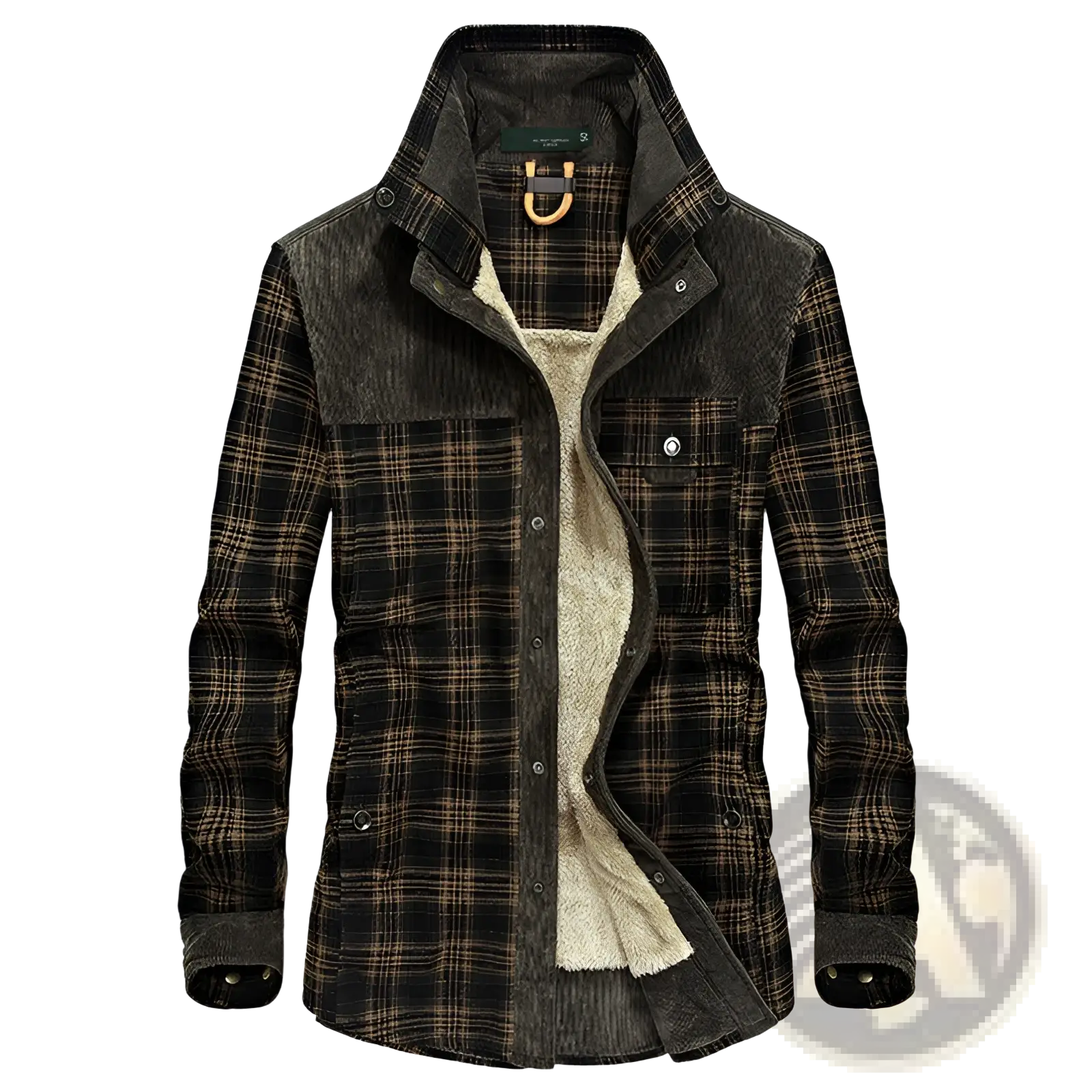 Men’s plaid fleece lined corduroy winter jacket in dark brown and black with tan shearling lining