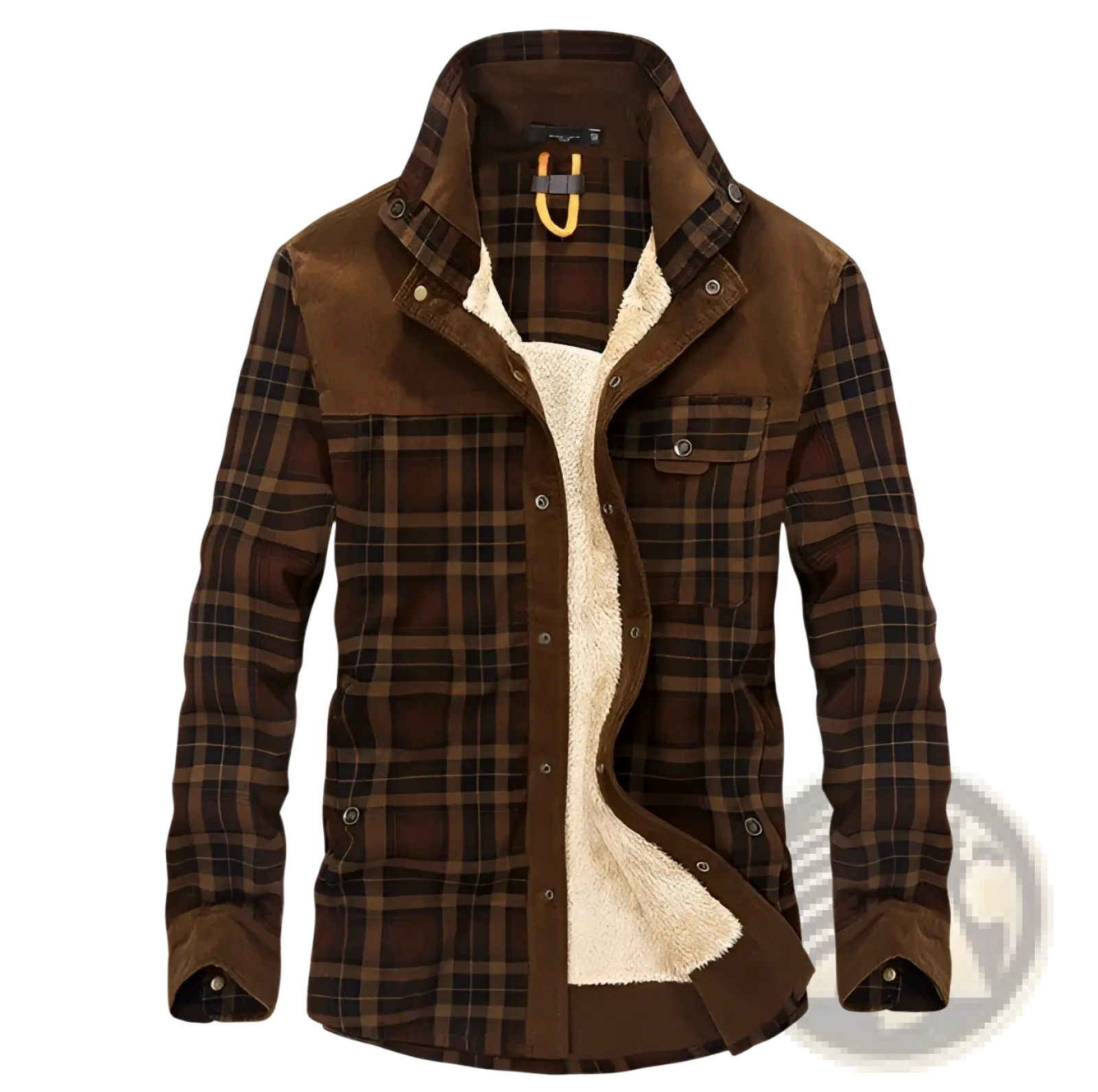 Men’s brown plaid corduroy winter jacket with shearling lining and buttoned flap pockets for cold weather