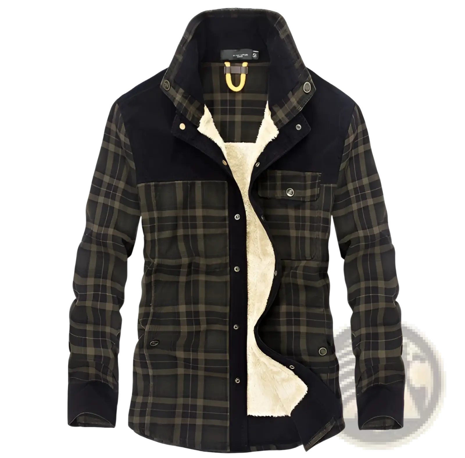 Men’s black and olive plaid flannel jacket with shearling-lined interior for winter warmth and comfort