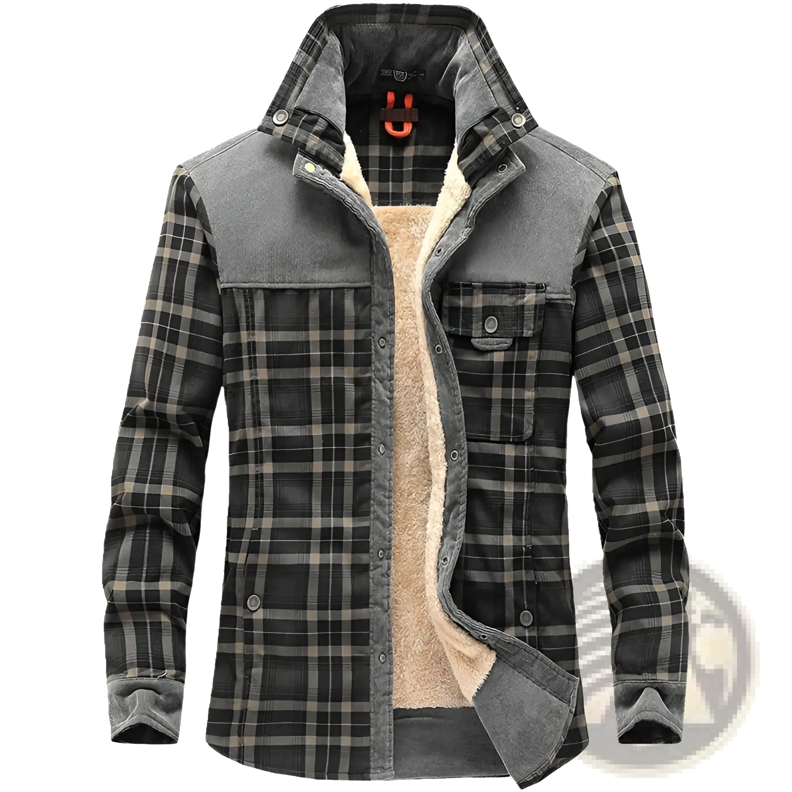 Men’s gray and black plaid fleece lined corduroy winter jacket with warm interior for cold weather use