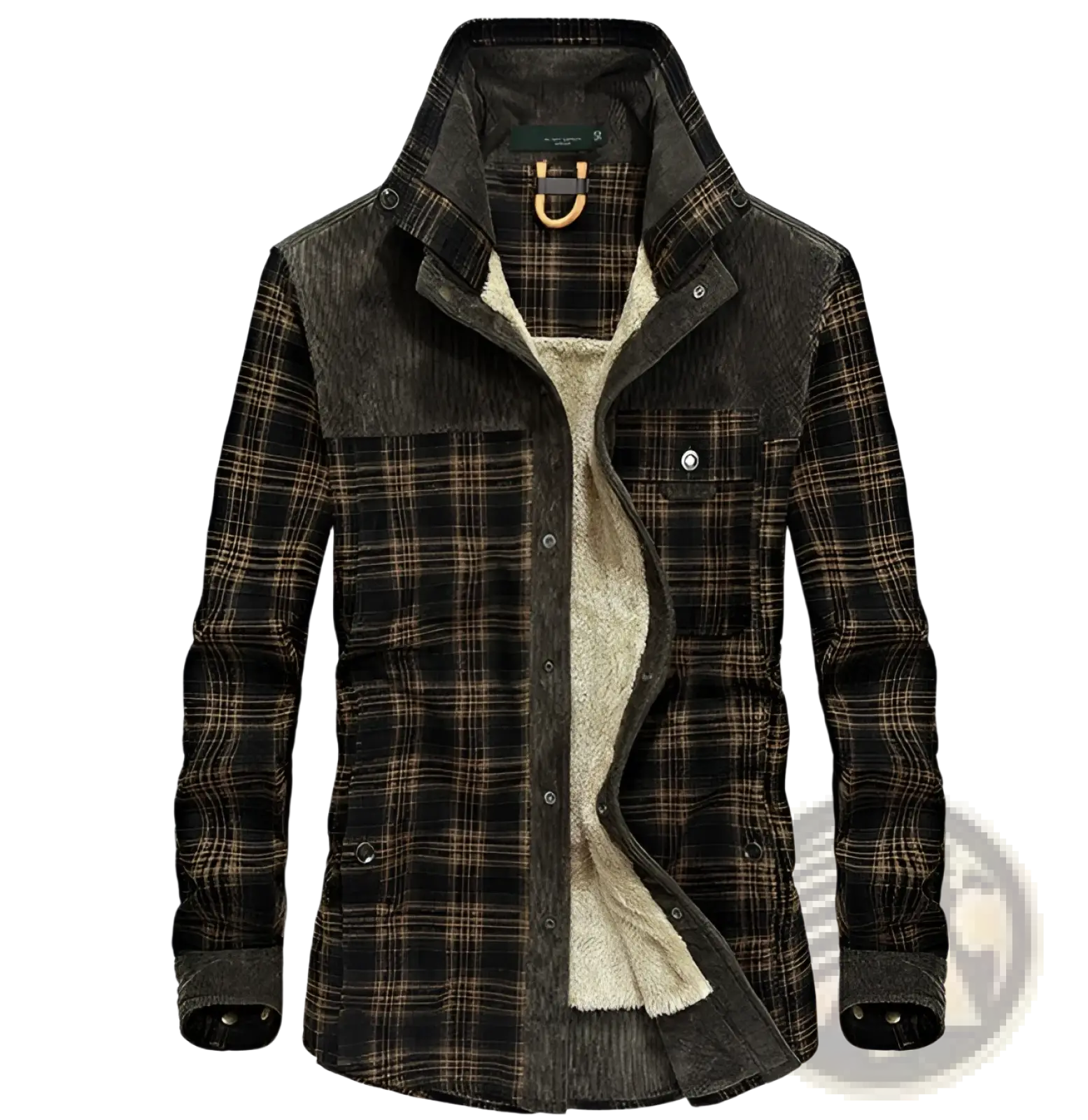 Men’s dark brown and black plaid corduroy winter jacket with plush beige fleece lining for warmth and style