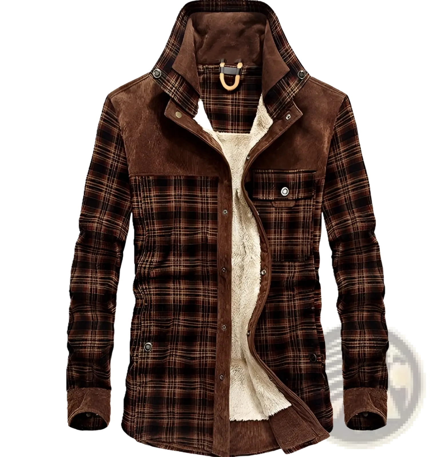Men’s brown plaid corduroy winter jacket with fleece lining and suede collar for cold weather use