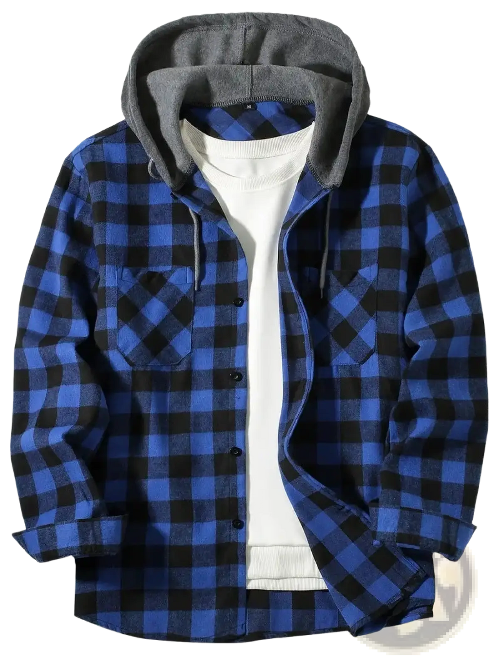 Men’s plaid hooded flannel shirt in blue and black with a gray fleece-lined hood for warmth and comfort
