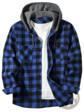 Men’s plaid hooded flannel shirt in blue and black with a gray fleece-lined hood for warmth and comfort