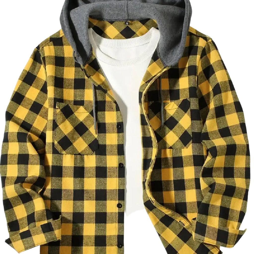 Men’s yellow and black plaid hooded flannel shirt with gray-lined hood made of soft warm fabric for casual wear