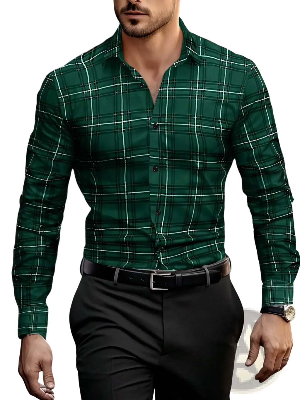 A man wearing a dark green and white plaid long sleeve casual button up shirt with a classic collar