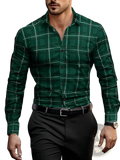 A man wearing a dark green and white plaid long sleeve casual button up shirt with a classic collar