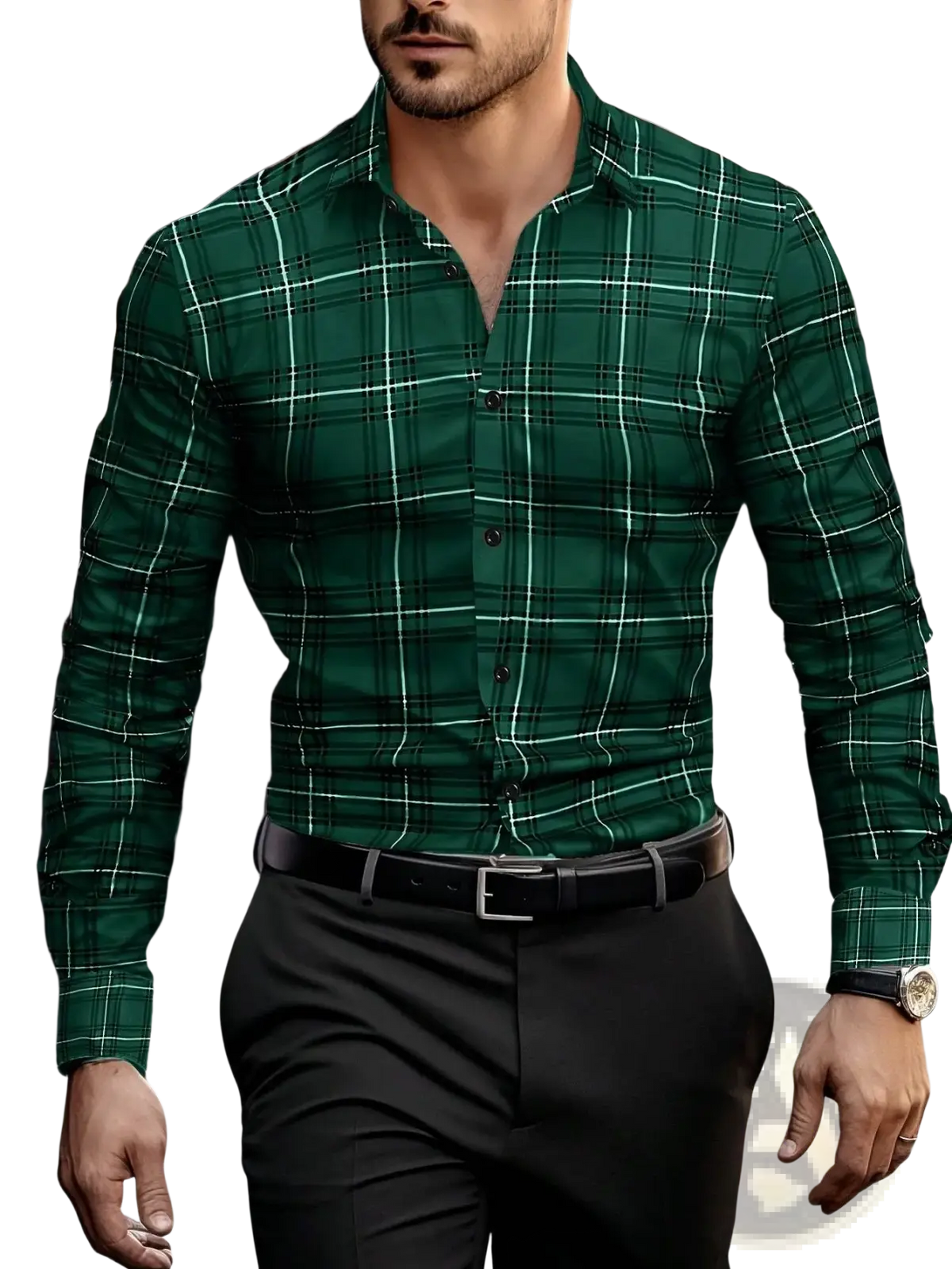A man wearing a dark green and white plaid long sleeve casual button up shirt with a classic collar