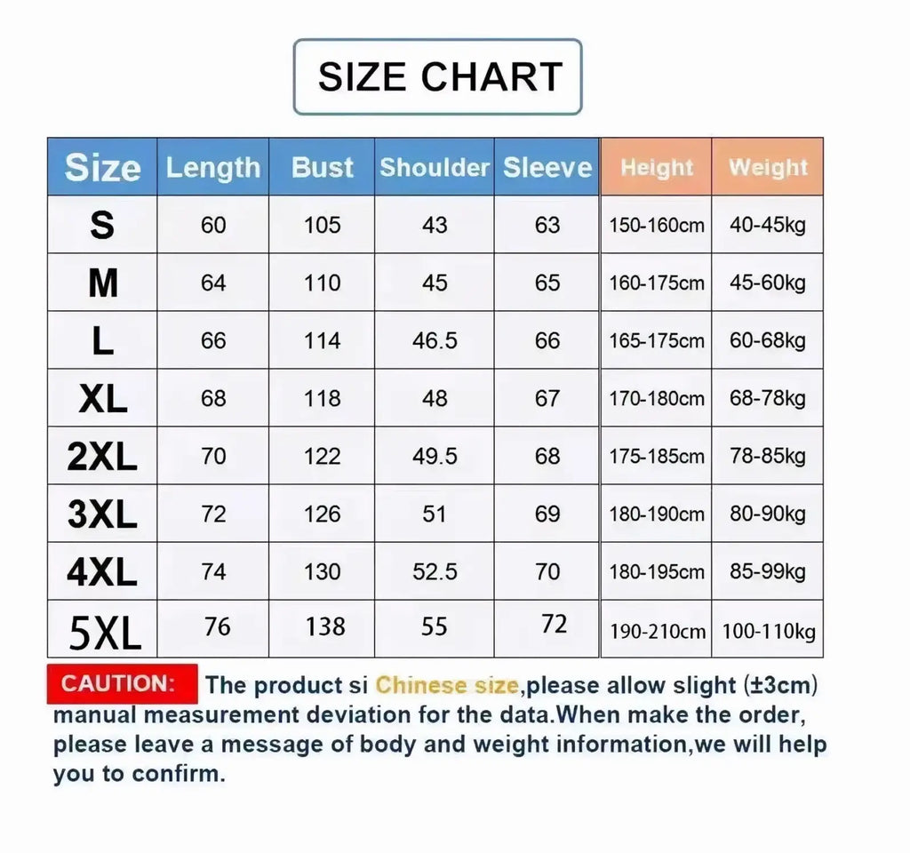 Size chart for men’s plaid long sleeve casual button up shirt showing measurements in centimeters and kilograms from s to 5xl