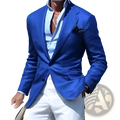 Mens plaid slim fit blazer in vibrant royal blue with a single black button and contrasting white shirt underneath