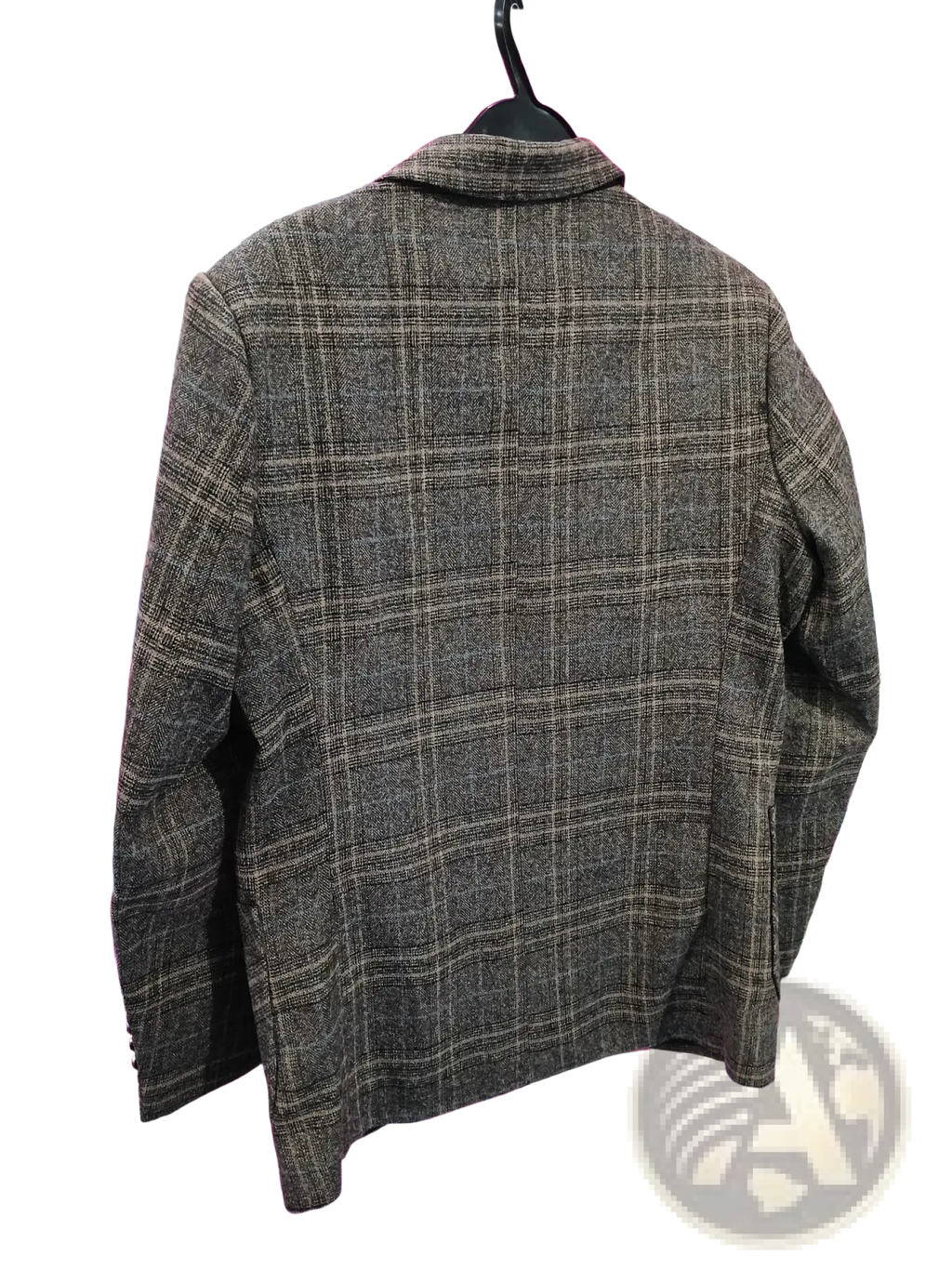 Men’s plaid wool blend casual blazer in dark gray and beige with notched collar hanging on black hanger