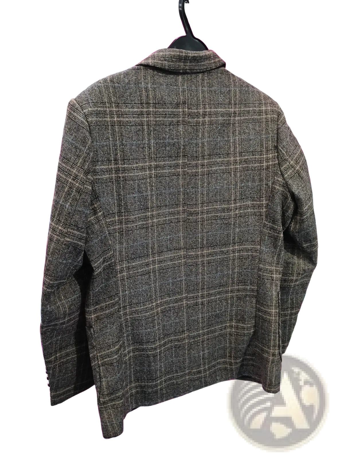 Men’s plaid wool blend casual blazer in dark gray and beige with notched collar hanging on black hanger