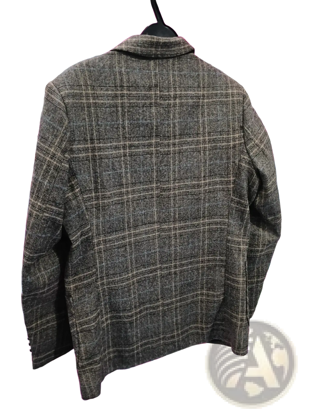 Men’s plaid wool blend casual blazer in dark gray and beige with classic collar hanging on black hanger