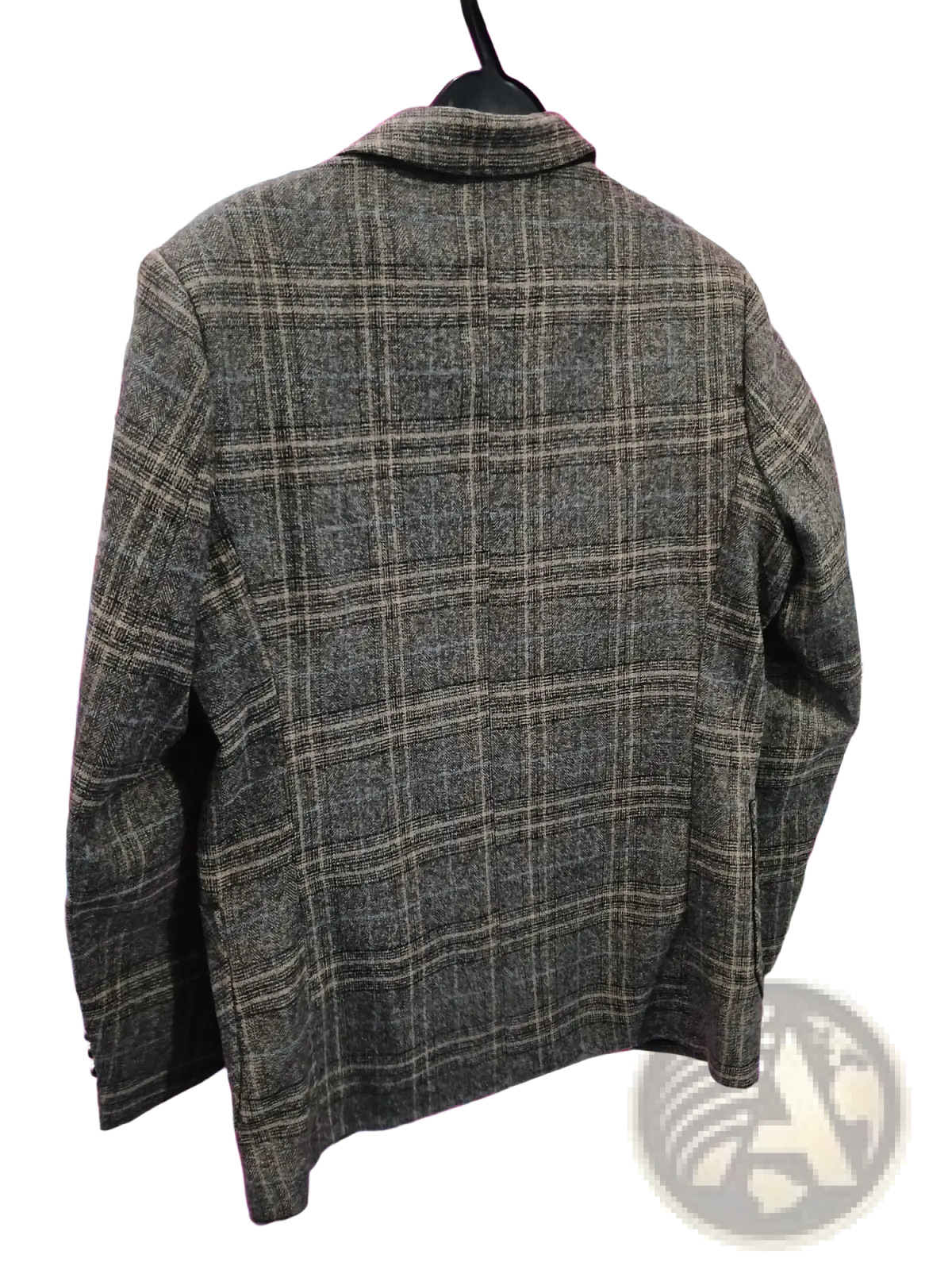 Men’s plaid wool blend casual blazer in dark gray and beige with classic collar hanging on black hanger