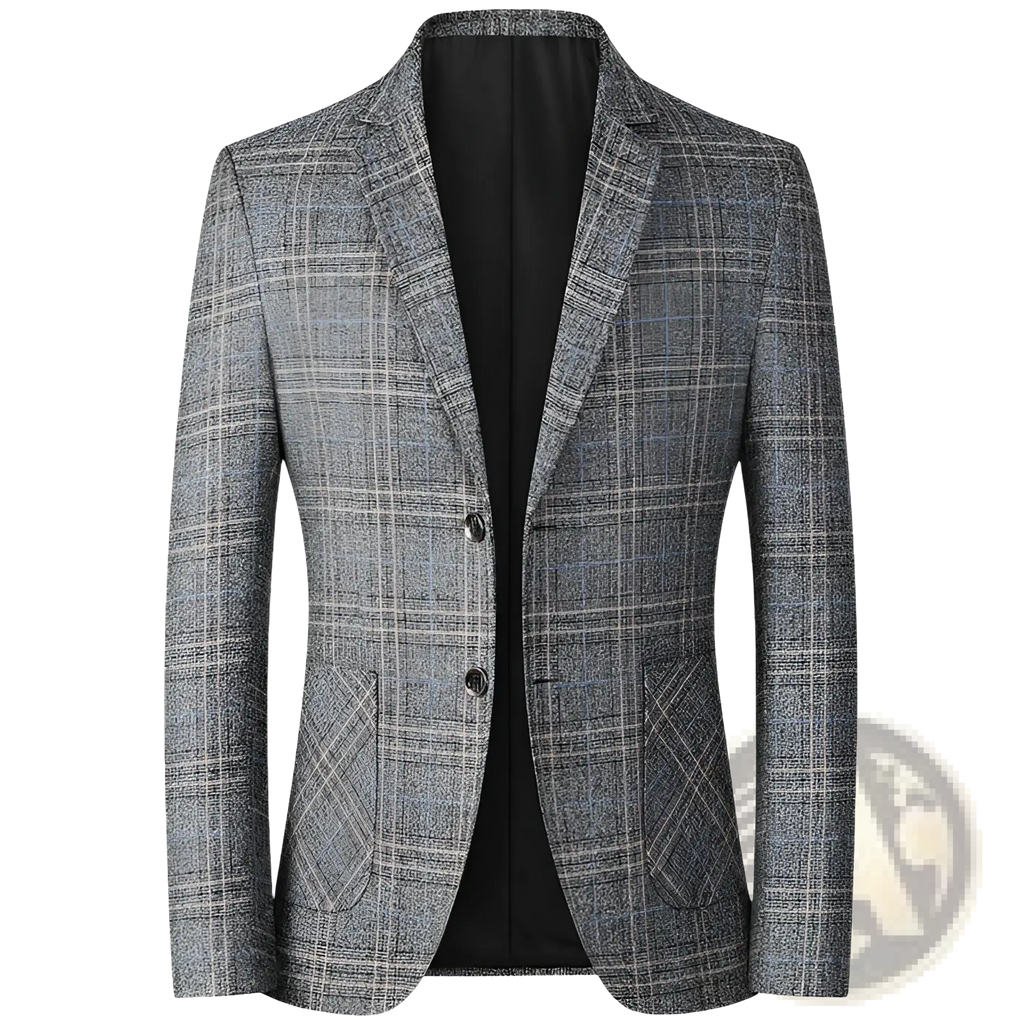 Gray plaid men’s casual blazer with textured wool blend fabric and classic notched lapels
