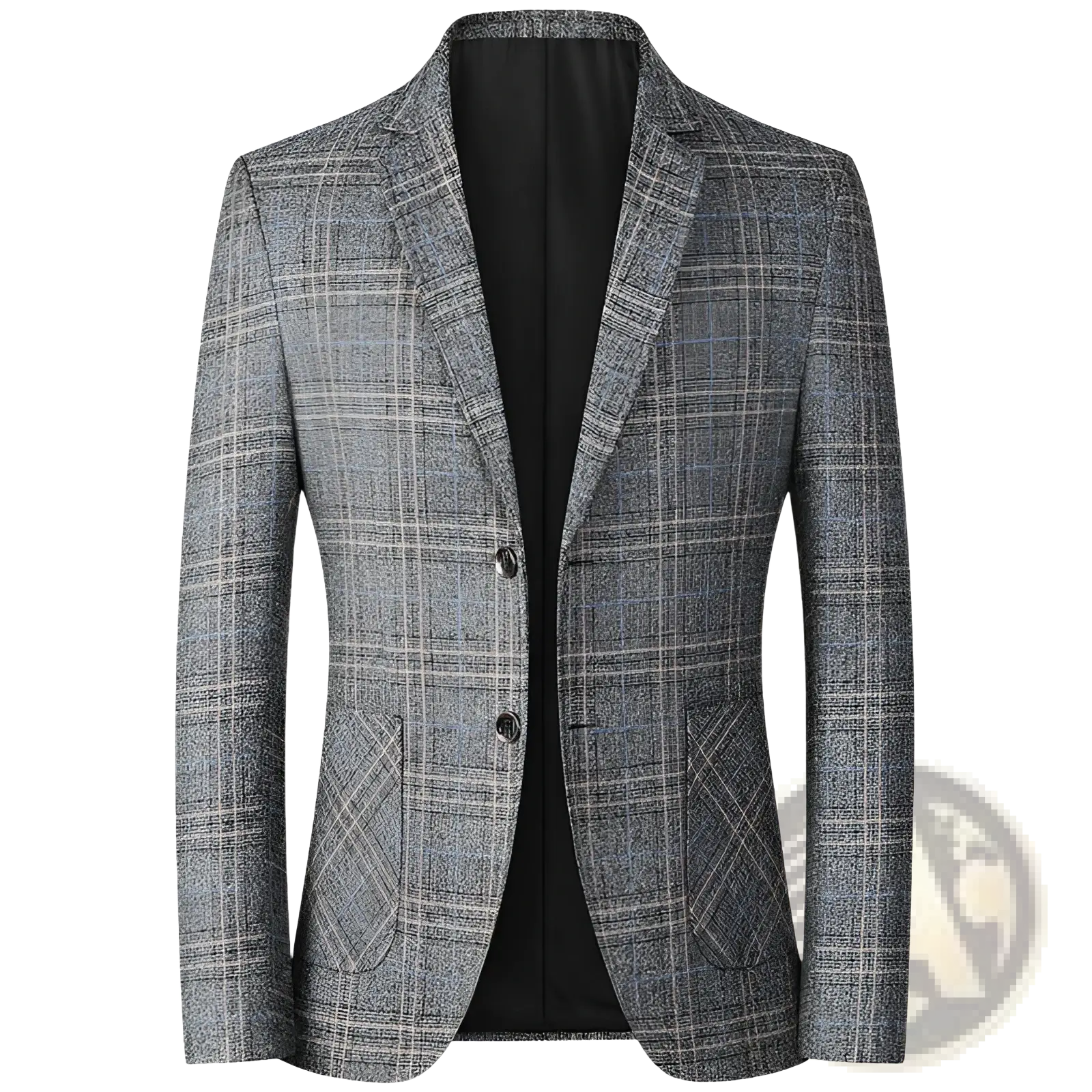 Gray plaid men’s casual blazer with textured wool blend fabric and classic notched lapels