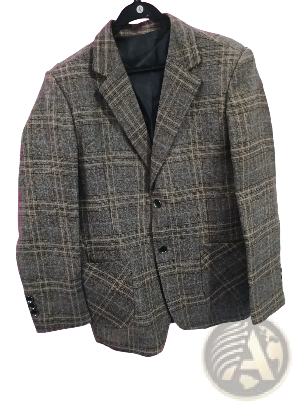 Men’s plaid wool blend casual blazer in brown and beige tweed with black buttons and flap pockets