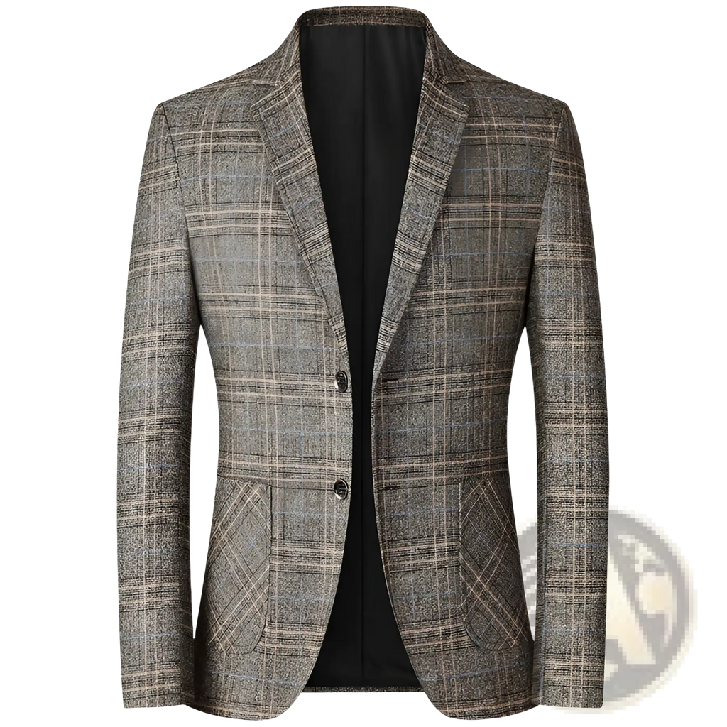 A tailored men’s plaid wool blend casual blazer in muted grays browns and beige with notched lapels and two front buttons