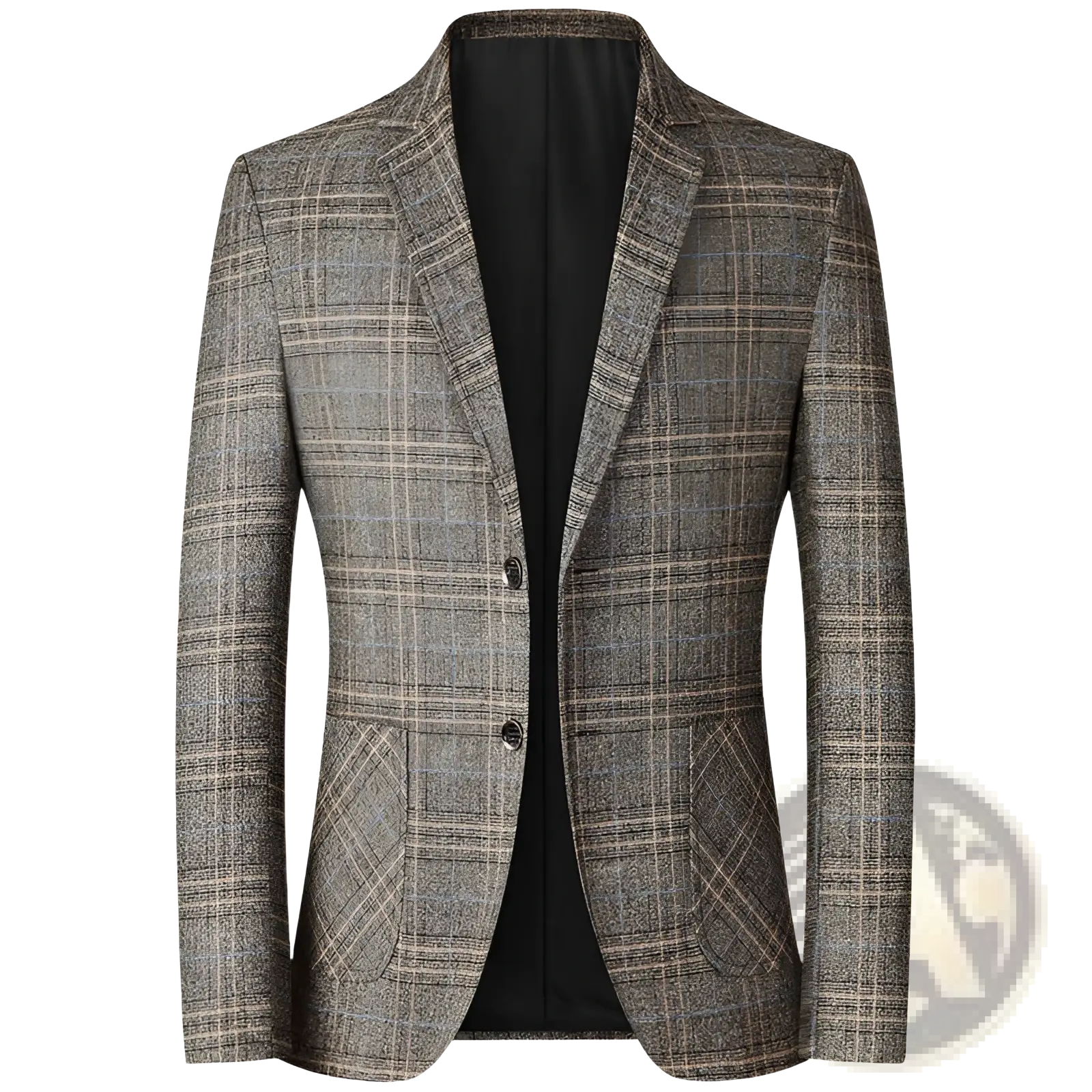 A tailored men’s plaid wool blend casual blazer in muted grays browns and beige with notched lapels and two front buttons