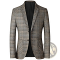 Men’s plaid wool blend casual blazer in muted grays brown and beige with textured fabric notched lapels and two front buttons