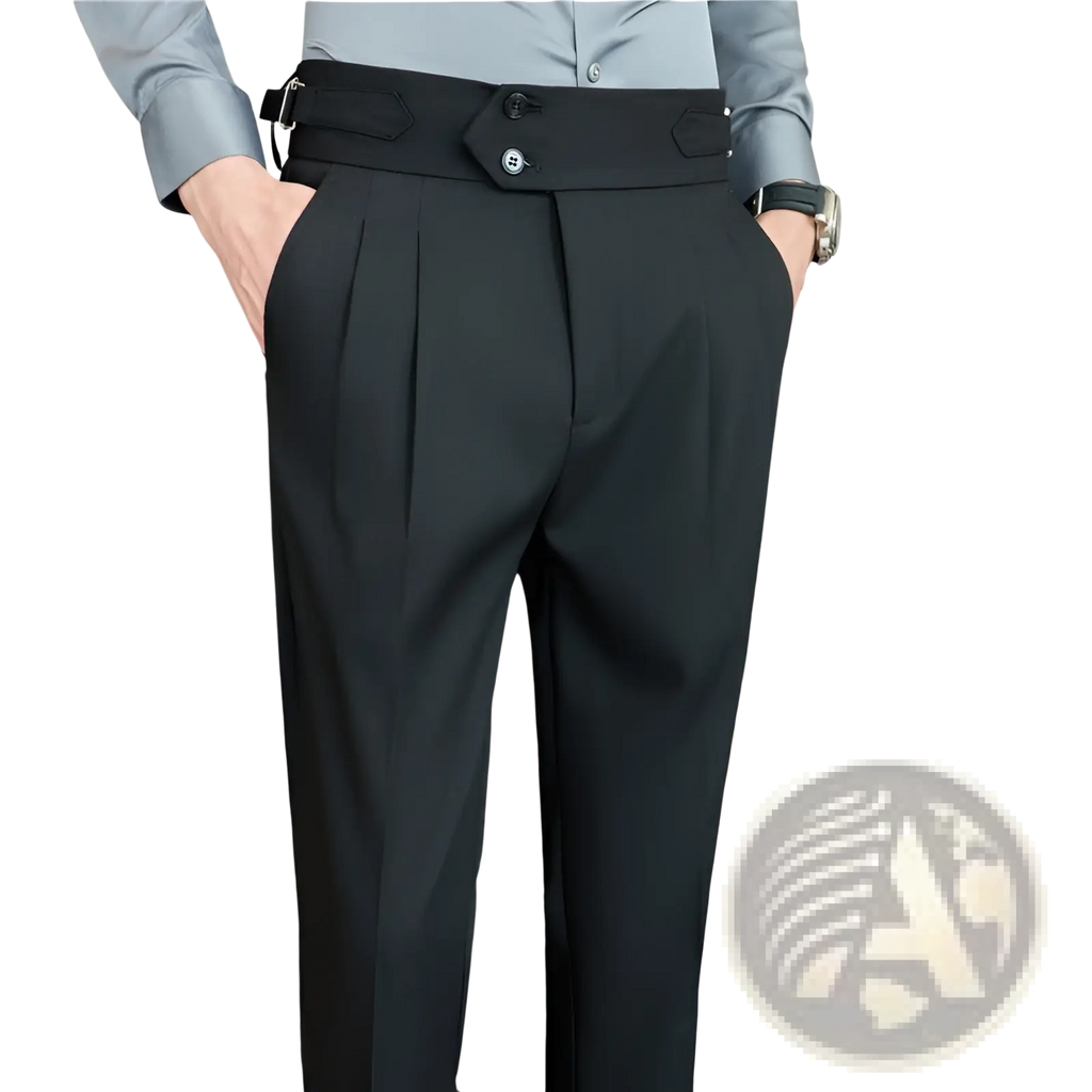 Mens pleated drape casual trousers in black tailored fabric with high waist, pleated front, and decorative button belt loops
