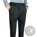 Mens pleated drape casual trousers in black tailored fabric with high waist, pleated front, and decorative button belt loops