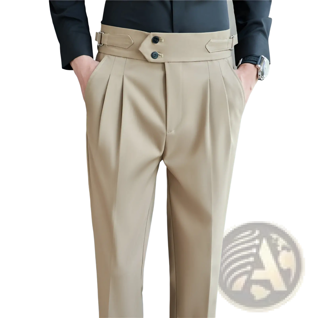 Beige mens pleated drape casual trousers with matching belt and decorative metal buckles for a stylish look
