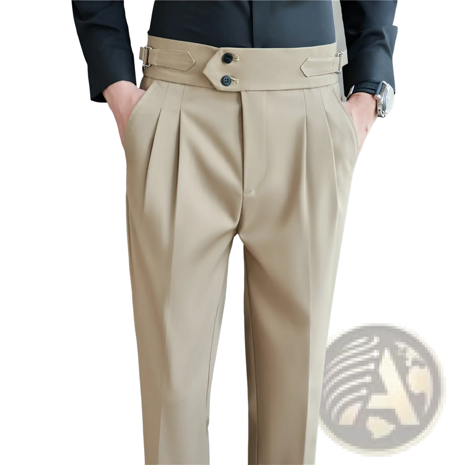 Beige mens pleated drape casual trousers with matching belt and decorative metal buckles for a stylish look